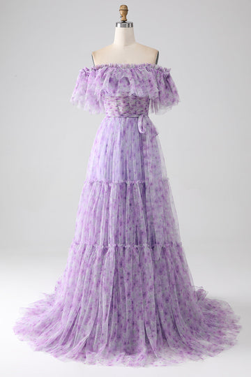 Lila Blommig Off The Shoulder Lång Ruffled Prom Klänning